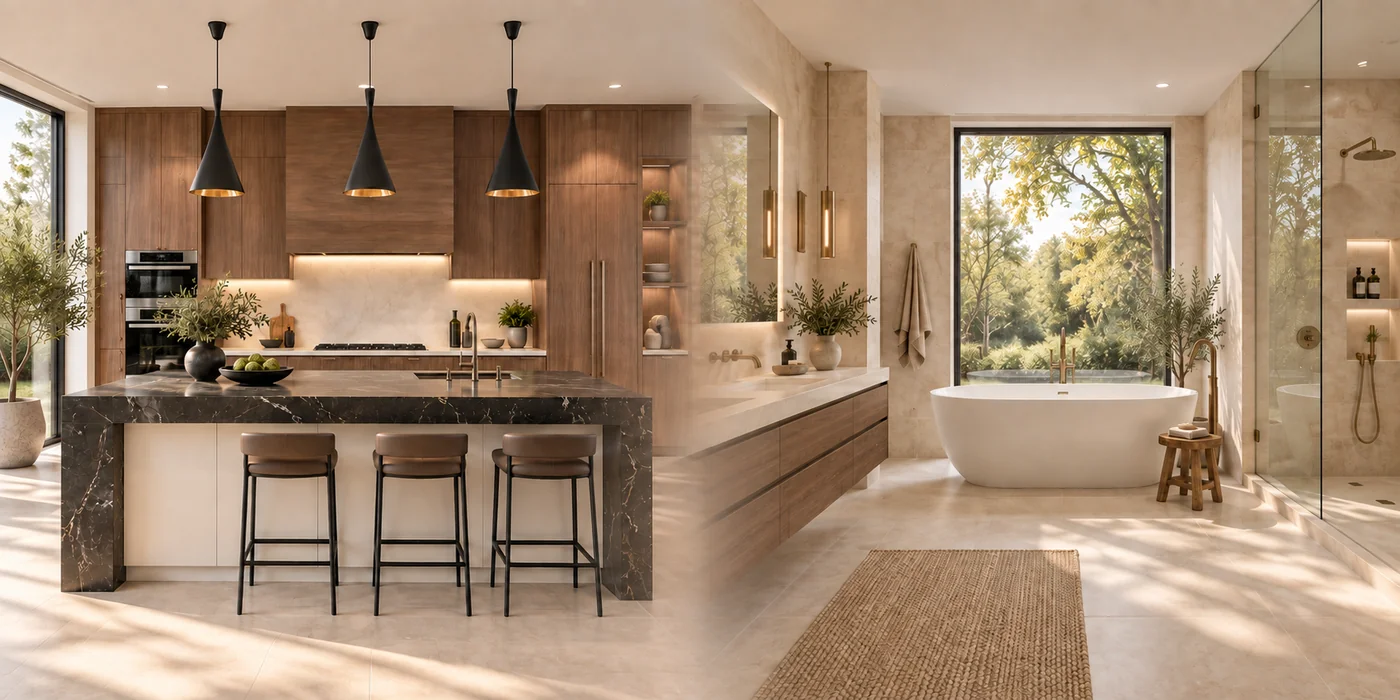 Kitchen and bathroom design collage with warm wood cabinetry, a dark stone island, and a freestanding bathtub