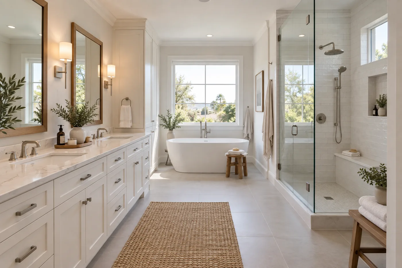 Bright bathroom design with a white shaker double vanity, oak-framed mirrors, a freestanding bathtub, and a walk-in glass shower