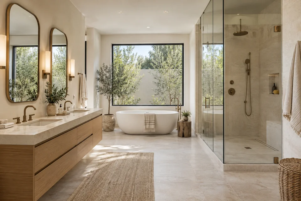 Light stone bathroom with an oak vanity, freestanding tub, and glass shower