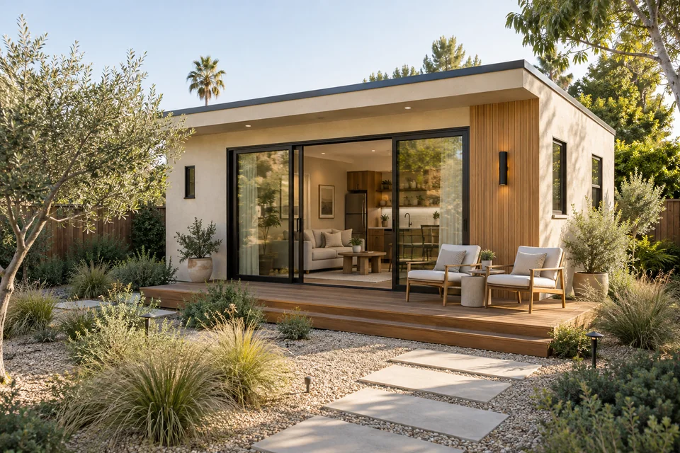Detached backyard ADU with wood accents, sliding glass doors, and a landscaped terrace