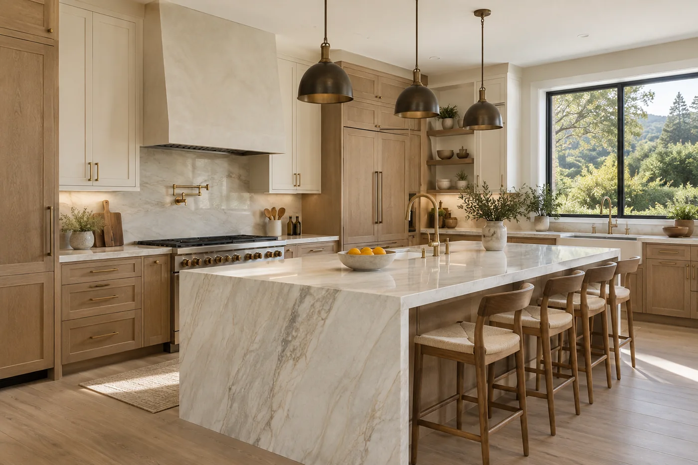Kitchen design with warm oak cabinetry, a quartzite island, and bronze pendant lighting